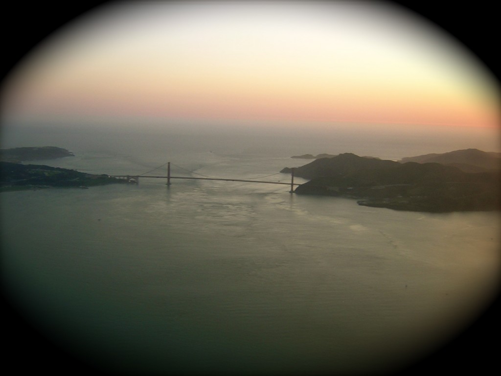 The Golden Gate Bridge at sunset. 