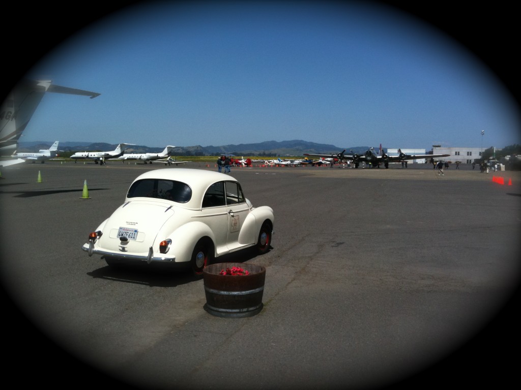 The vintage car I got a lift in along with the B-17 in the distance. 