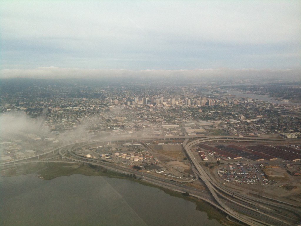 Downtown Oakland with a bit of a marine layer of clouds.