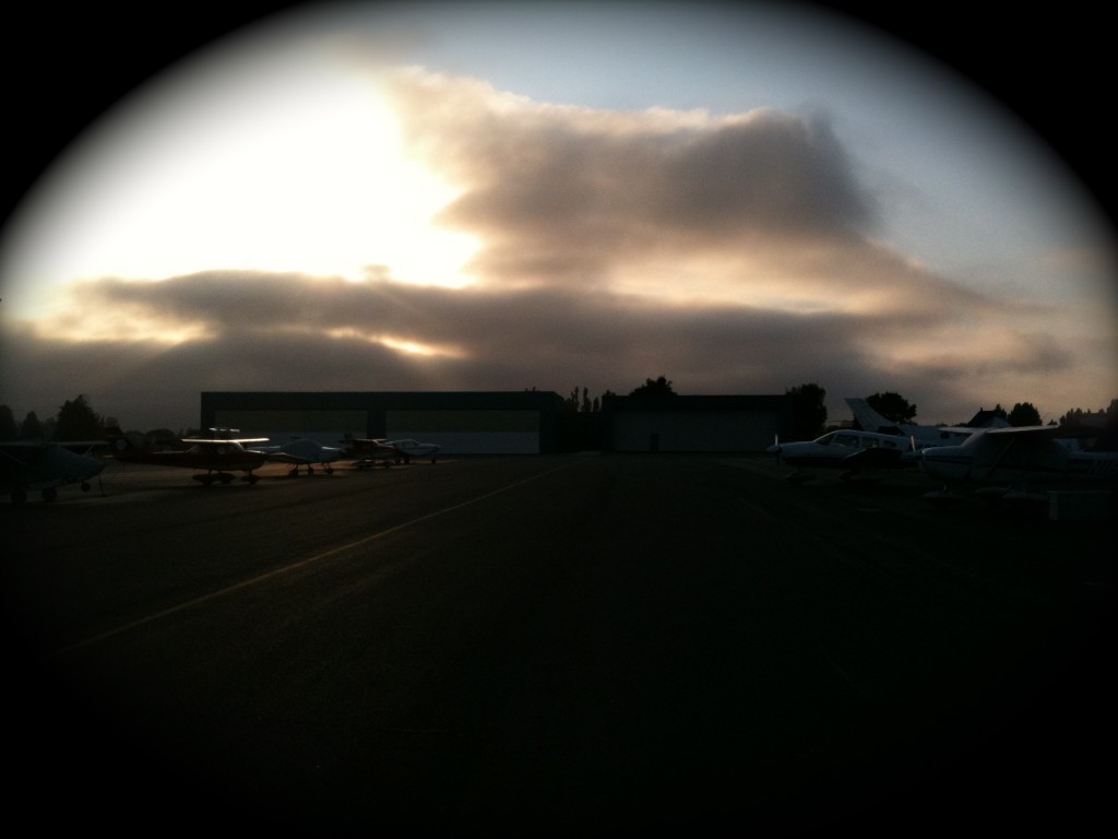 The fog slowly creeping towards the Petaluma airport. 